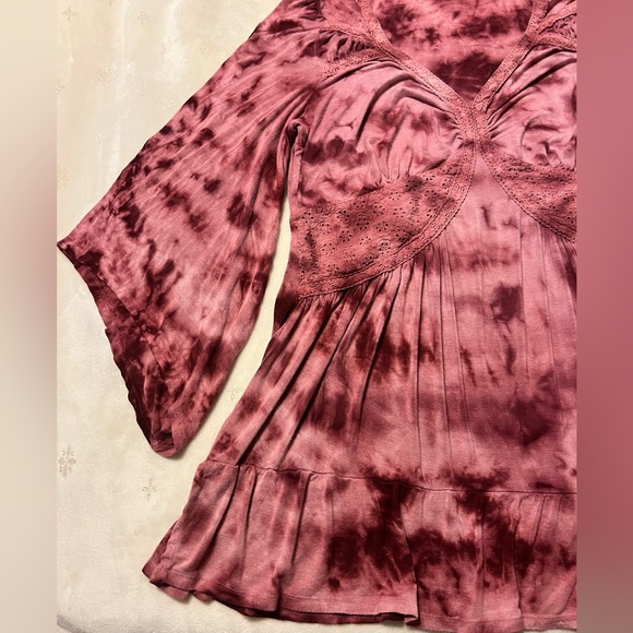 One World Women’s Size Large Burgundy Tie Dye Boho Whimsy Tunic Mini Dress - Picture 3 of 9